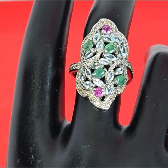925 Sterling Silver Ring Sz 8 with Natural Emerald, Rhodolite, Sapphire, Topaz - Picture 7 of 9